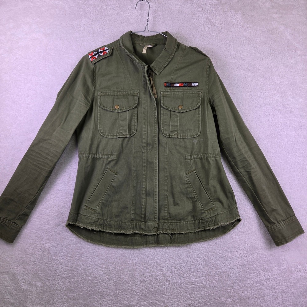 Miami Olive Green Utility Jacket Beaded Epaulettes Raw Hem Small 4342